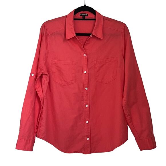 EXPRESS Women's Top Size Large Orange Linen Blend Button Down Long Sleeve - Picture 1 of 11